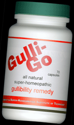 a bottle of GulliGo super-homeopathic gullibility remedy