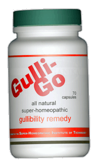 a bottle of GulliGo super-homeopathic gullibility remedy
